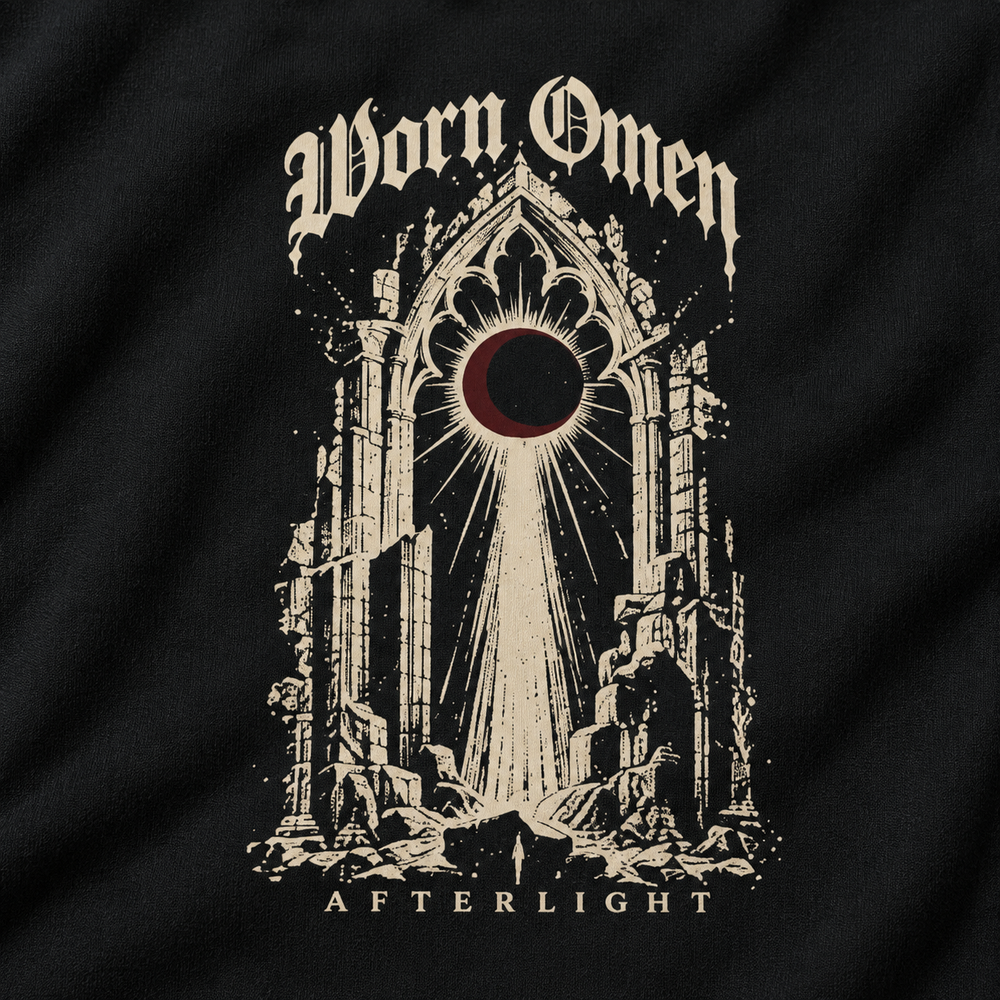 AFTERLIGHT bone and oxblood eclipse and Gothic arch artwork detail