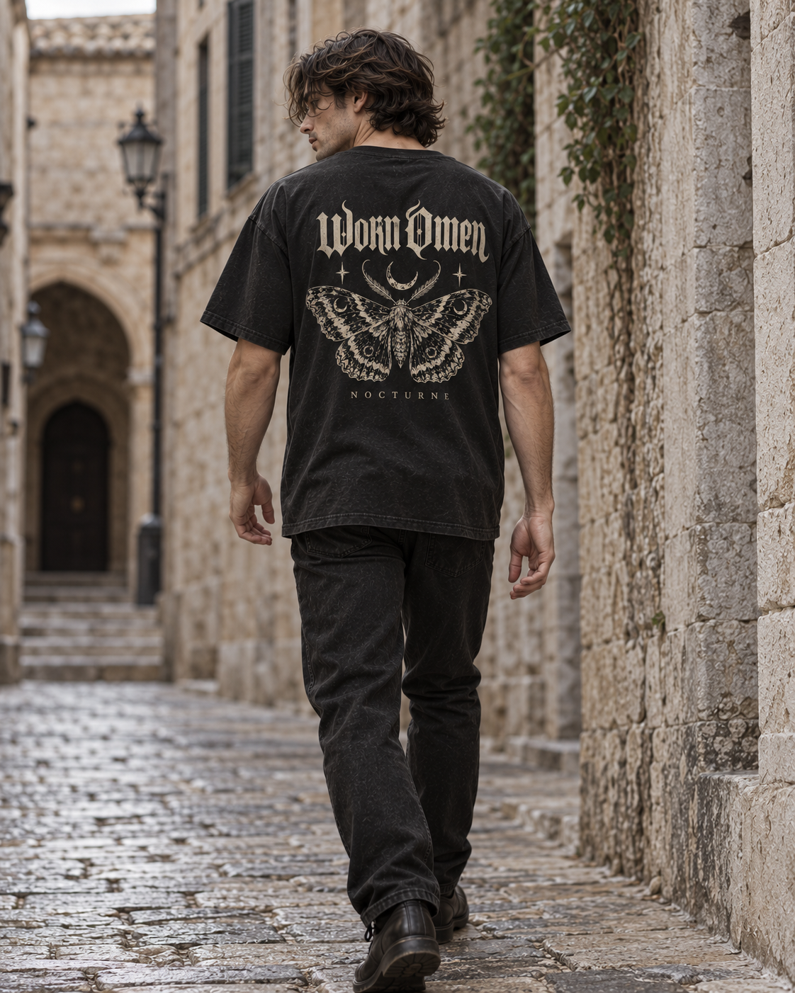 Model wearing Nocturne tee from the back, showing the moth and crescent artwork