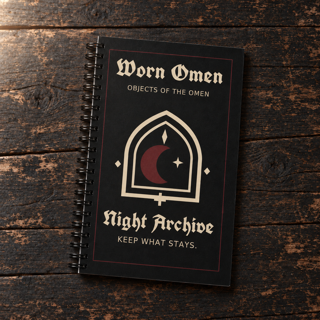 WORN OMEN NIGHT ARCHIVE journal with bone and oxblood cover artwork on dark timber.