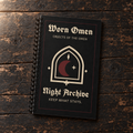 WORN OMEN NIGHT ARCHIVE journal with bone and oxblood cover artwork on dark timber.