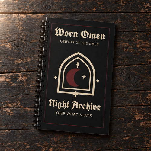 WORN OMEN NIGHT ARCHIVE journal with bone and oxblood cover artwork on dark timber.