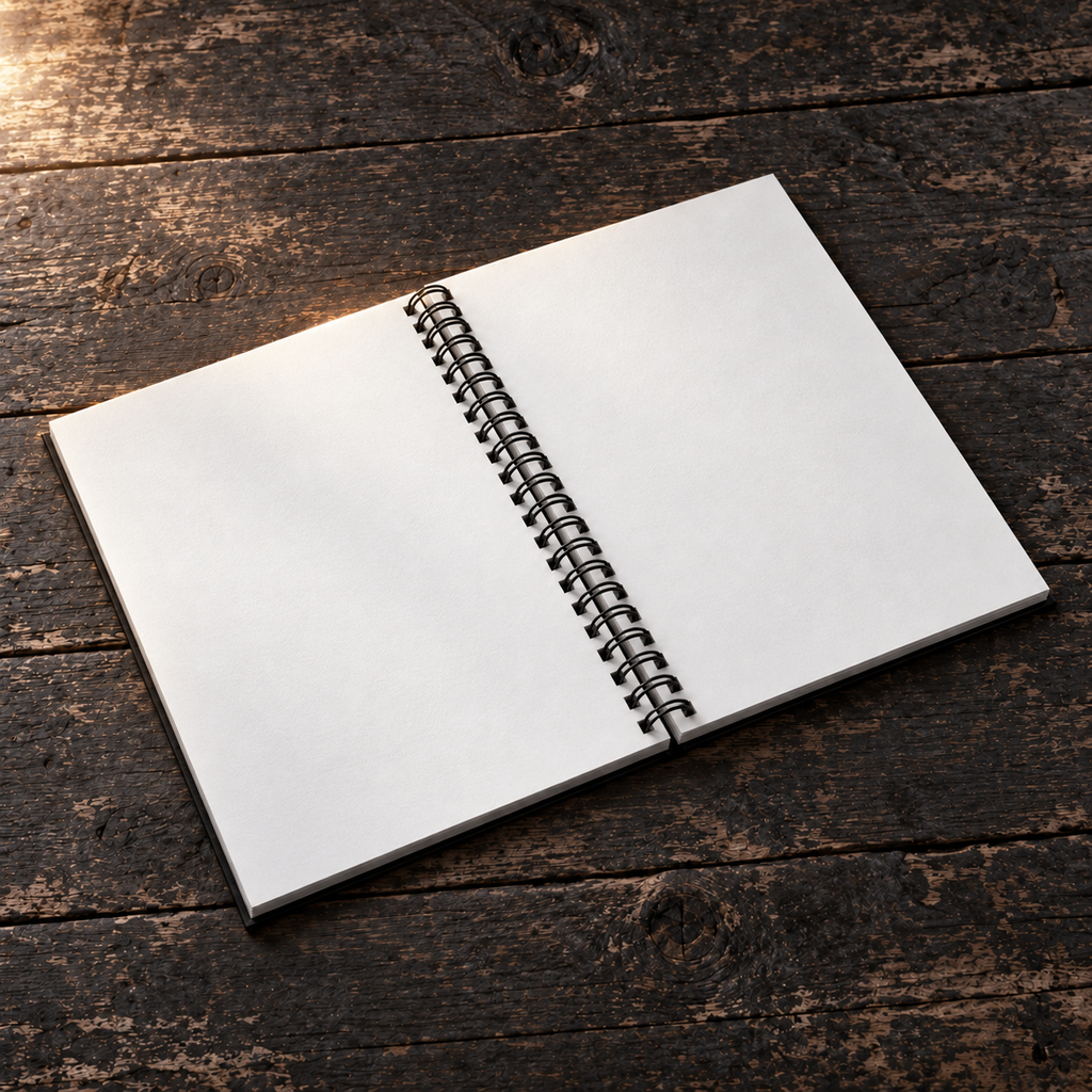 NIGHT ARCHIVE journal open to its clean blank pages on dark timber.