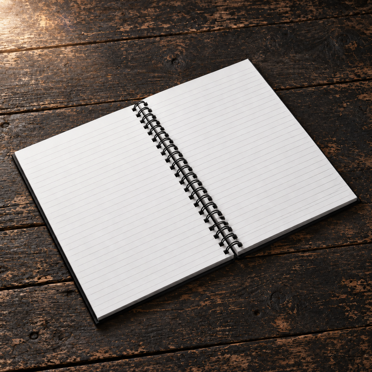 NIGHT ARCHIVE journal open to its lined pages on dark timber.