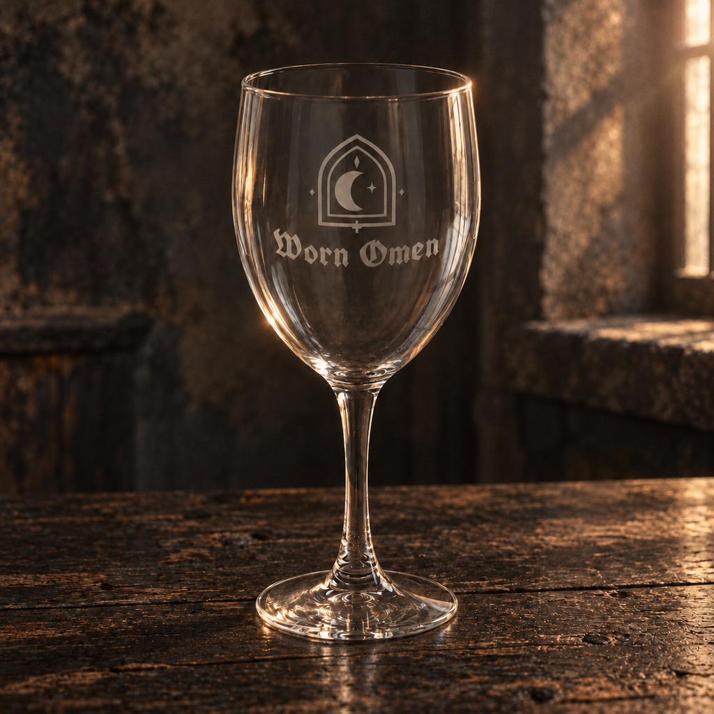 WORN OMEN VESPER engraved wine glass on dark timber beside a weathered stone window.