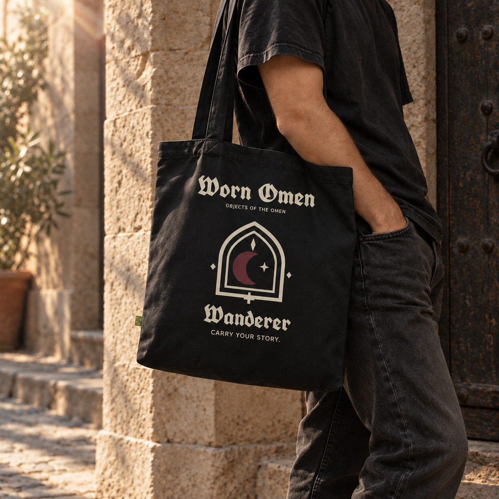 WANDERER organic canvas tote carried at the hip in a stone courtyard.