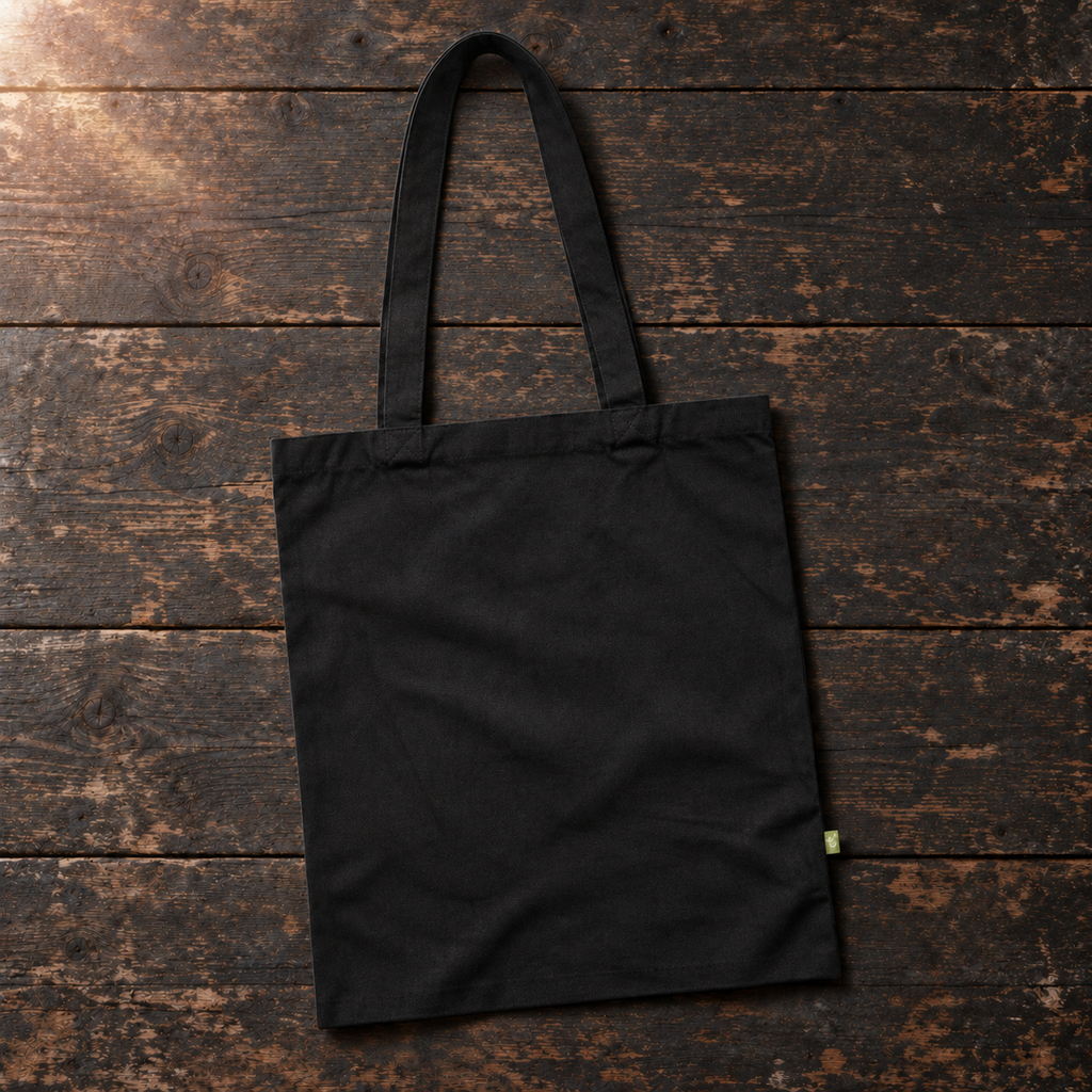 Plain black reverse of the WANDERER organic canvas tote on dark timber.