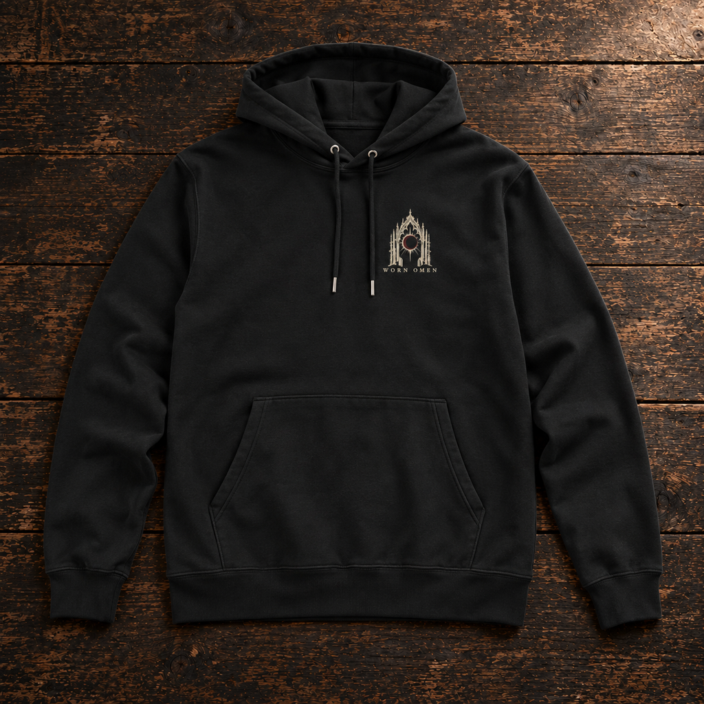 AFTERLIGHT black hoodie front with small left-chest emblem
