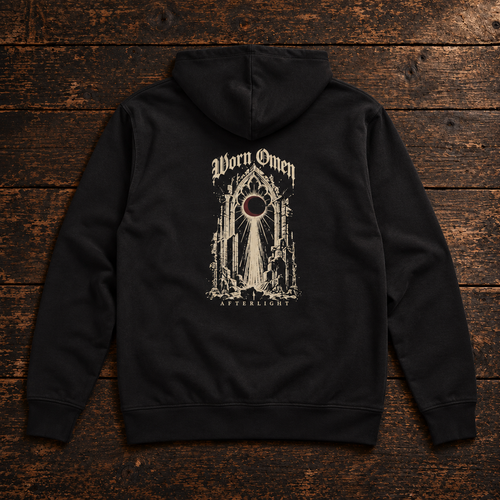 AFTERLIGHT black hoodie, back artwork on dark timber