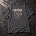 WORN OMEN Dead Air Magnet-grey oversized tee with raven front print, laid on dark slate