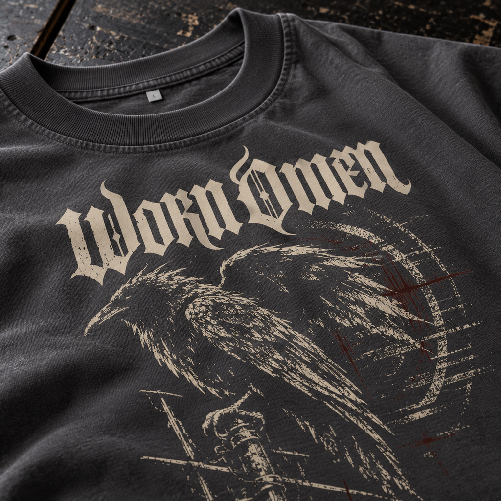 Close-up of Dead Air's gothic wordmark and raven artwork on Magnet-grey cotton