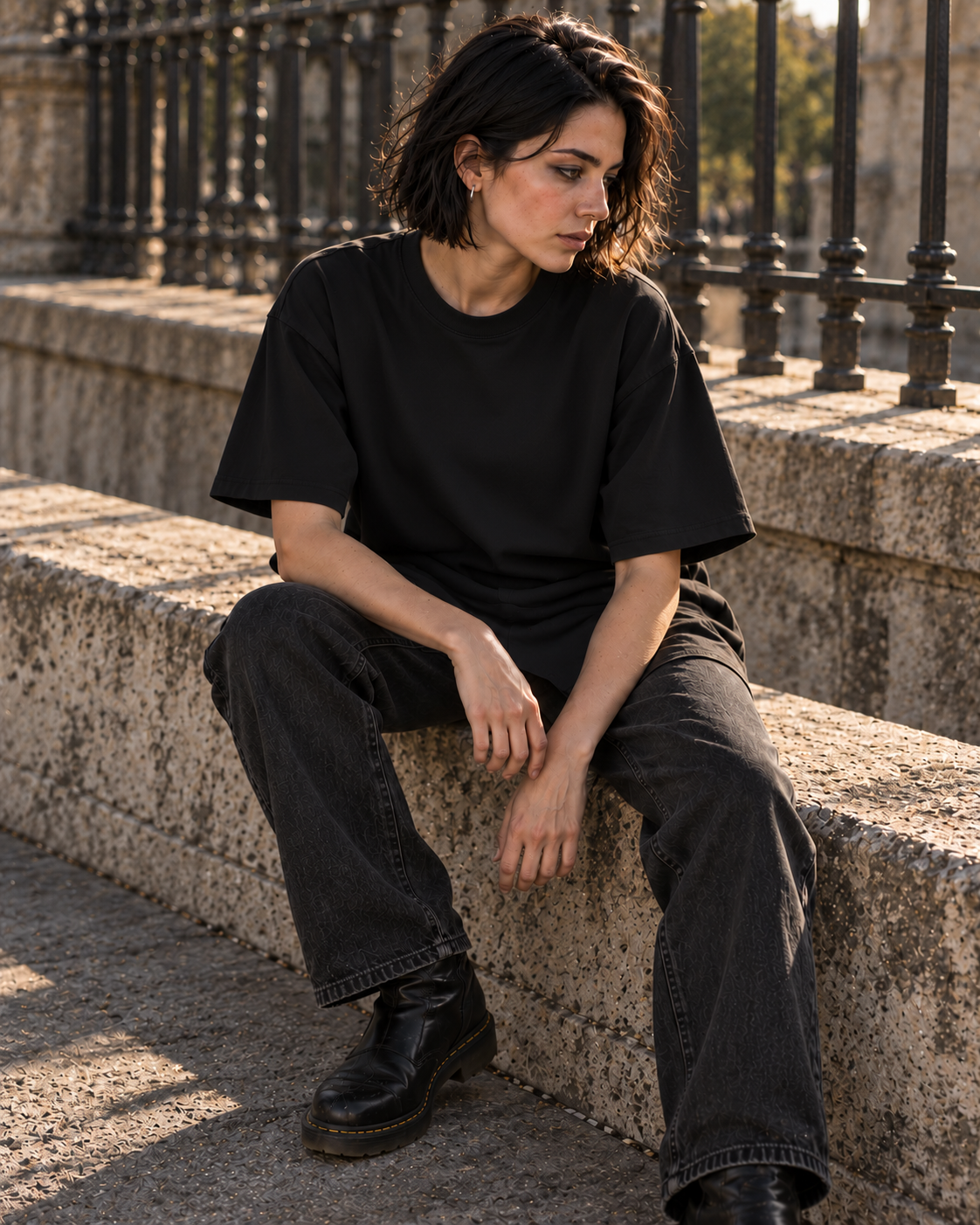 Front view of the Relic tee in plain solid-black heavyweight cotton