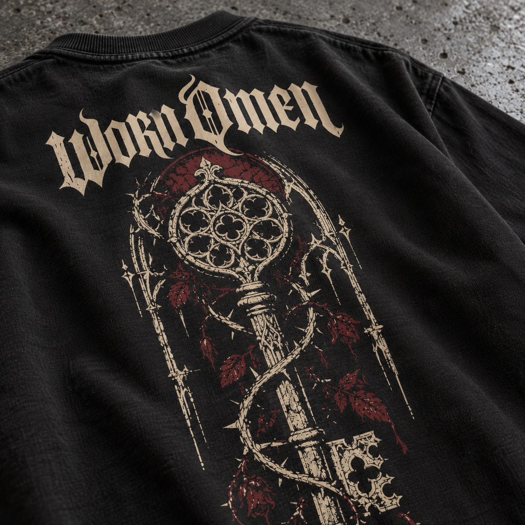 Close-up of Relic's bone and oxblood key artwork on black cotton